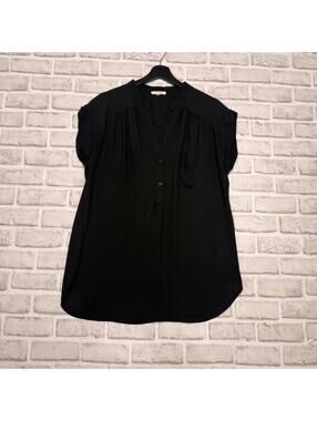 Pleione Black Cap Sleeved 1/2 Button Blouse Women's M